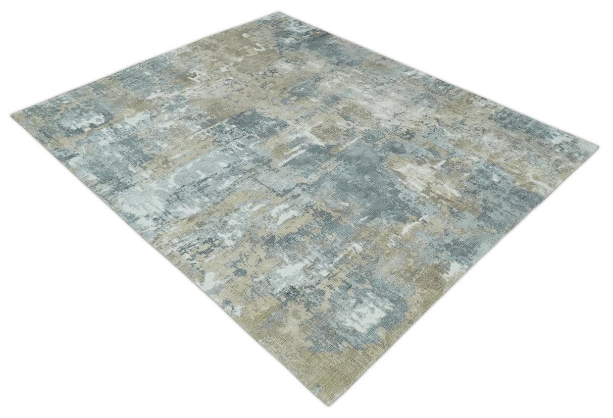 Modern Abstract 8x10 Silver, Charcoal and Olive Hand Loomed Blended wool and Art silk Area Rug