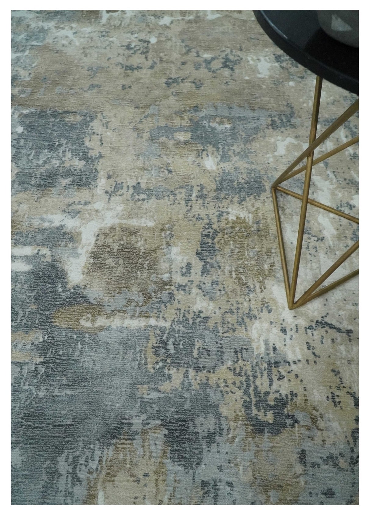 Modern Abstract 8x10 Silver, Charcoal and Olive Hand Loomed Blended wool and Art silk Area Rug-Area Rug-Parc Decor