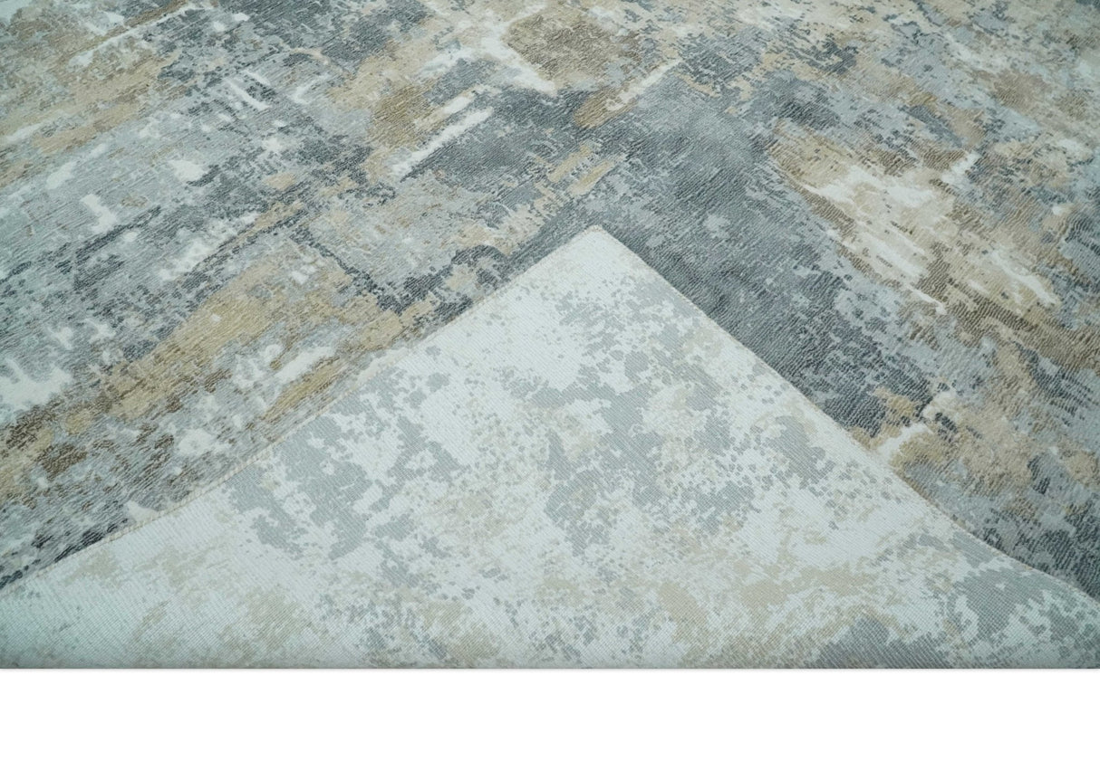 Modern Abstract 8x10 Silver, Charcoal and Olive Hand Loomed Blended wool and Art silk Area Rug-Area Rug-Parc Decor