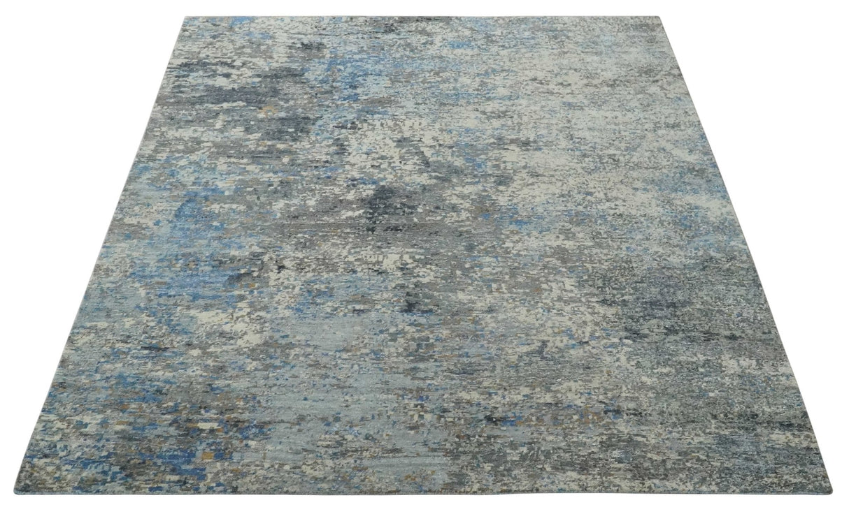 Modern Abstract Beige, Blue and Charcoal Hand knotted 8x10 wool and Bamboo Silk Area Rug