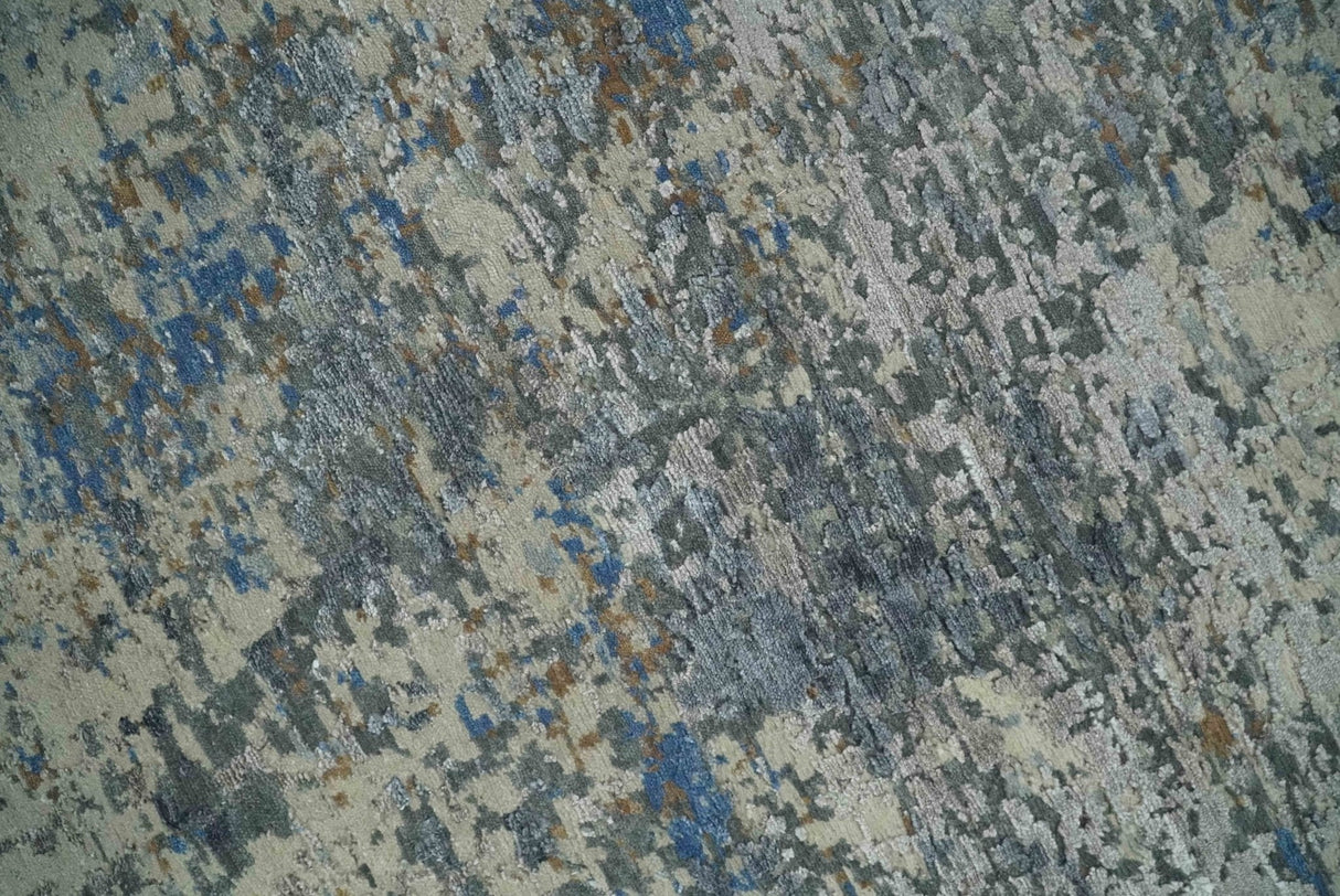 Modern Abstract Beige, Blue and Charcoal Hand knotted 8x10 wool and Bamboo Silk Area Rug