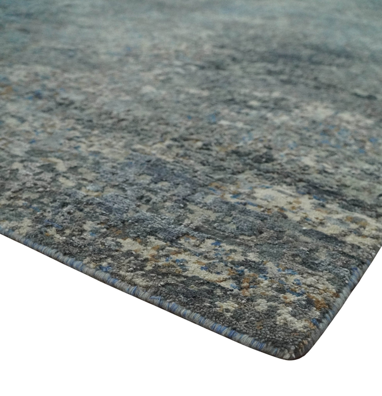 Modern Abstract Beige, Blue and Charcoal Hand knotted 8x10 wool and Bamboo Silk Area Rug