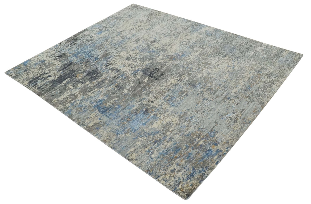 Modern Abstract Beige, Blue and Charcoal Hand knotted 8x10 wool and Bamboo Silk Area Rug