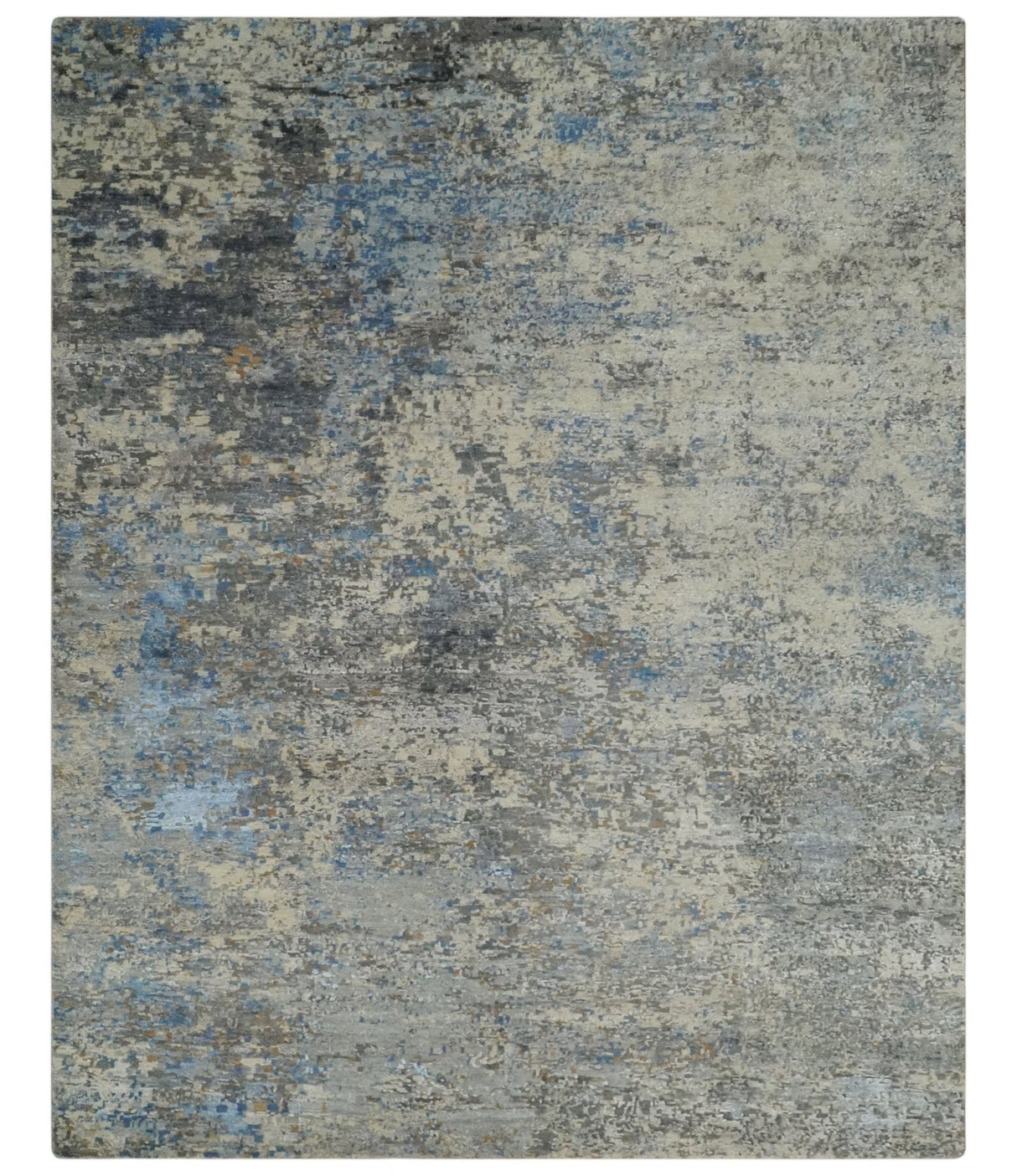 Modern Abstract Beige, Blue and Charcoal Hand knotted 8x10 wool and Bamboo Silk Area Rug