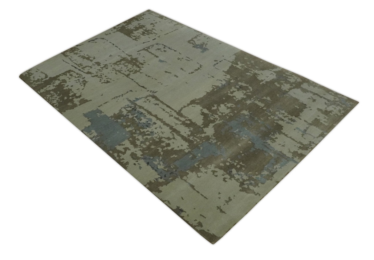 Modern abstract Beige, Olive and Gray 6x9 Hand Knotted Wool and Art Silk Area Rug-Area Rug-Parc Decor