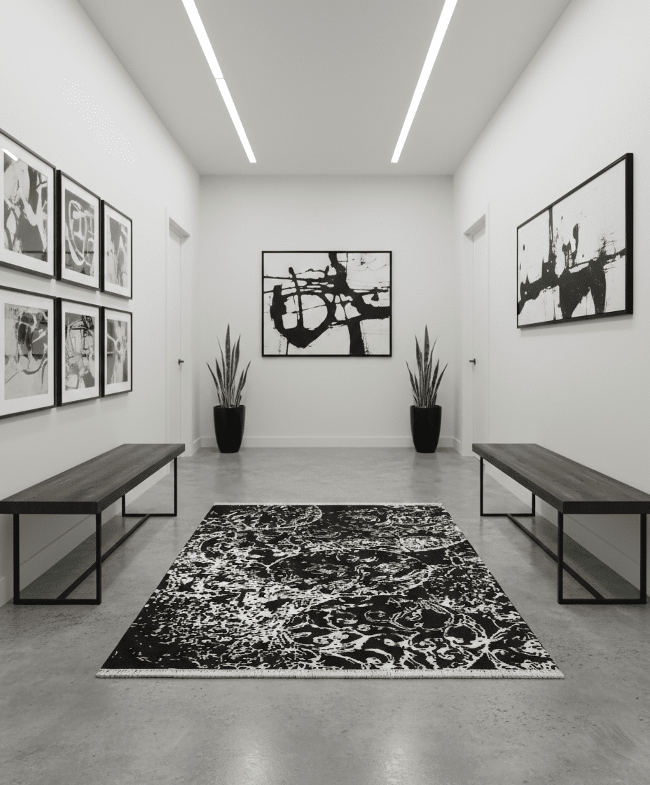 Modern Abstract Black and Silver Hand Knotted 6x9 Wool and Bamboo silk Area Rug