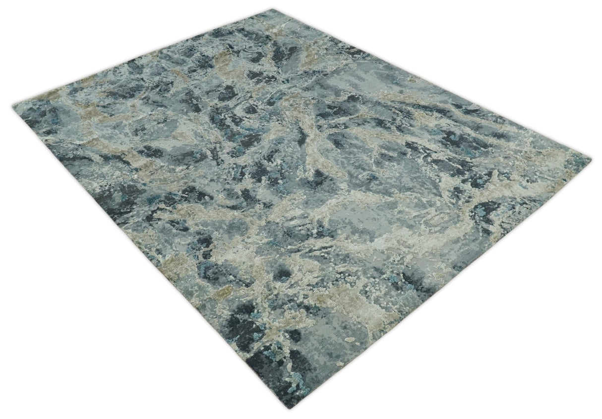 Modern Abstract Blue and Beige Hand Knotted 8x10 Bamboo Silk Rug