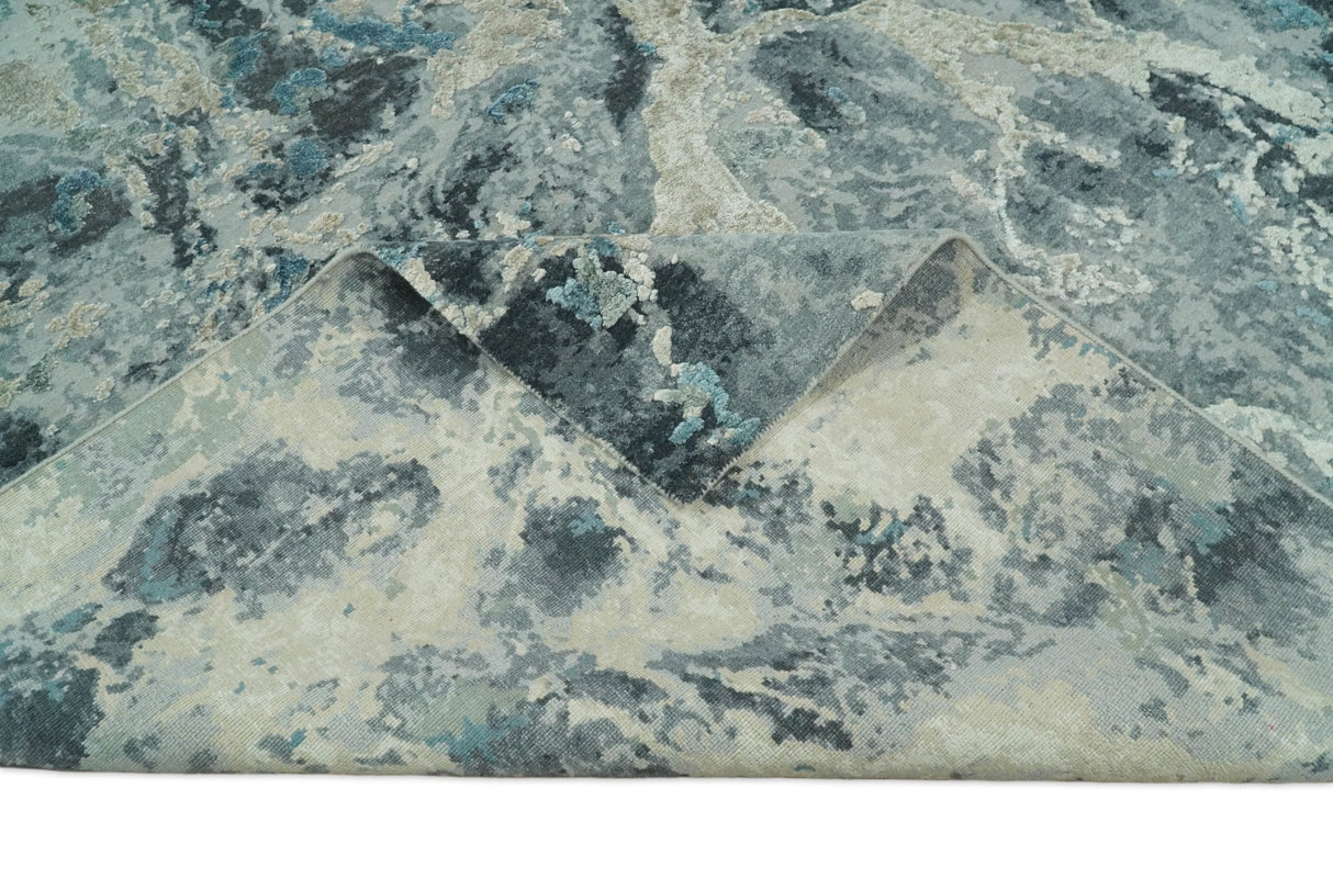Modern Abstract Blue and Beige Hand Knotted 8x10 Bamboo Silk Rug