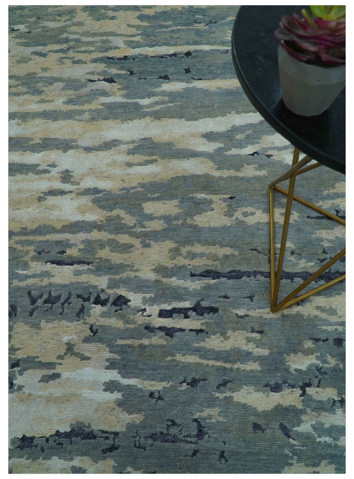 Modern Abstract Blue And Beige Hand Knotted 8x10 Wool And Bamboo Silk Rug
