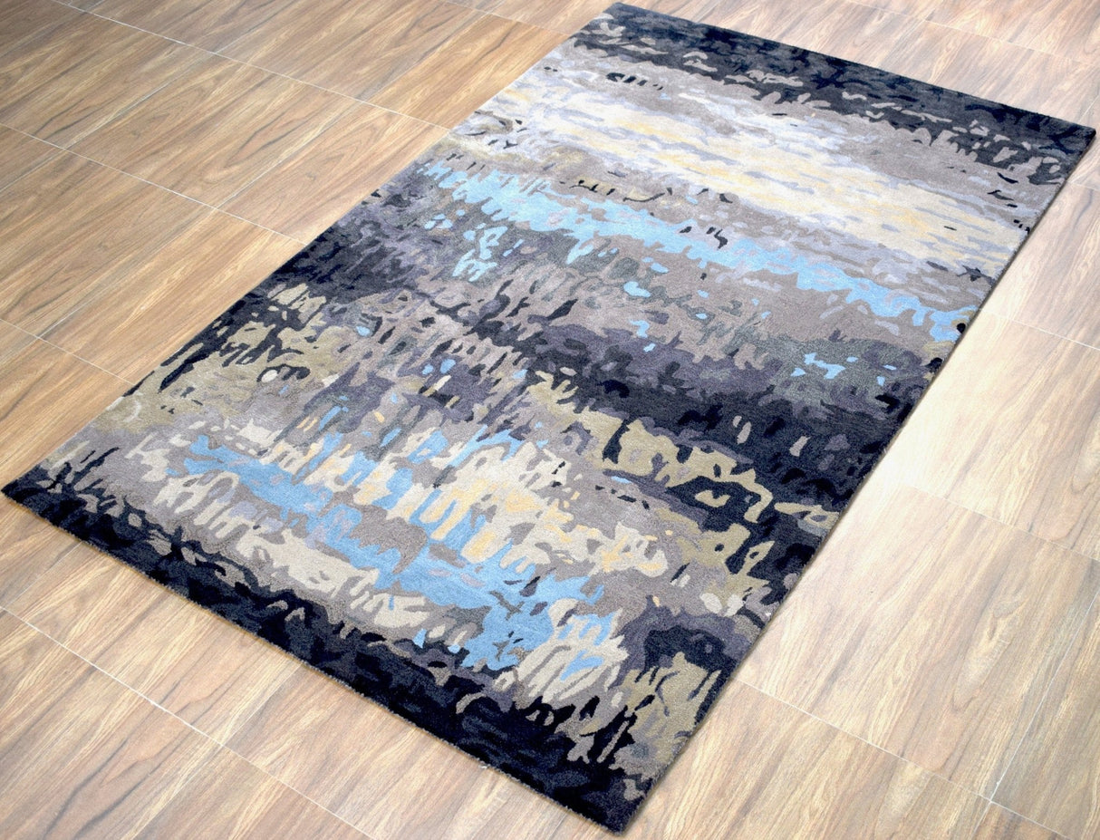 Modern Abstract Blue and Gray Hand Tufted Wool 5x8 Area Rug