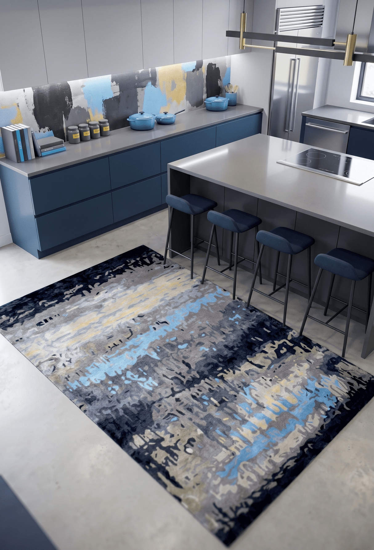 Modern Abstract Blue and Gray Hand Tufted Wool 5x8 Area Rug