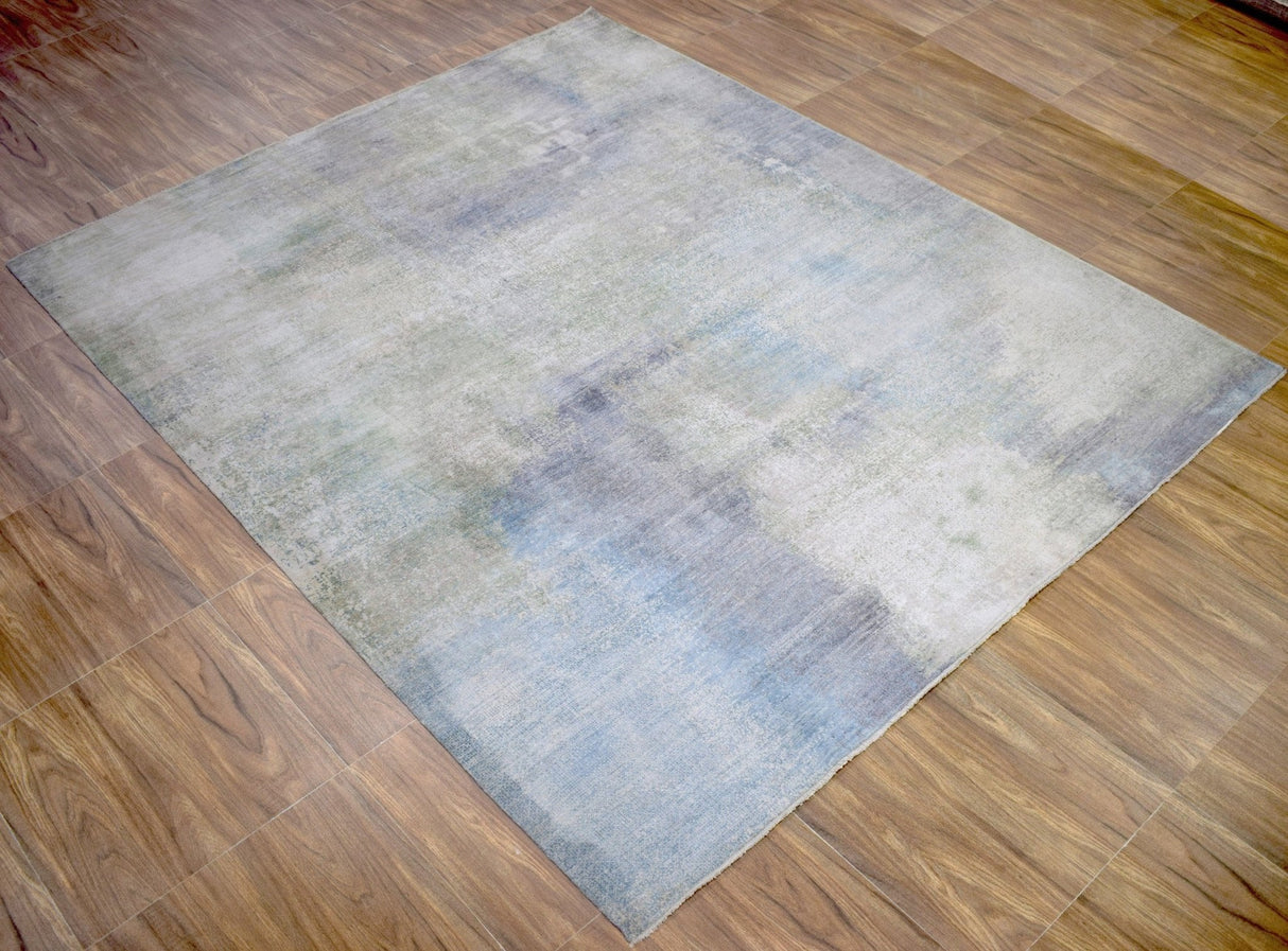 Modern Abstract Blue And Ivory Hand Knotted Bamboo Silk Area Rug