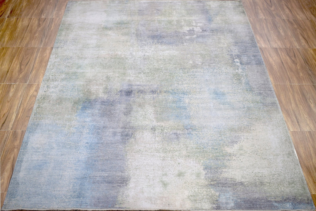 Modern Abstract Blue And Ivory Hand Knotted Bamboo Silk Area Rug