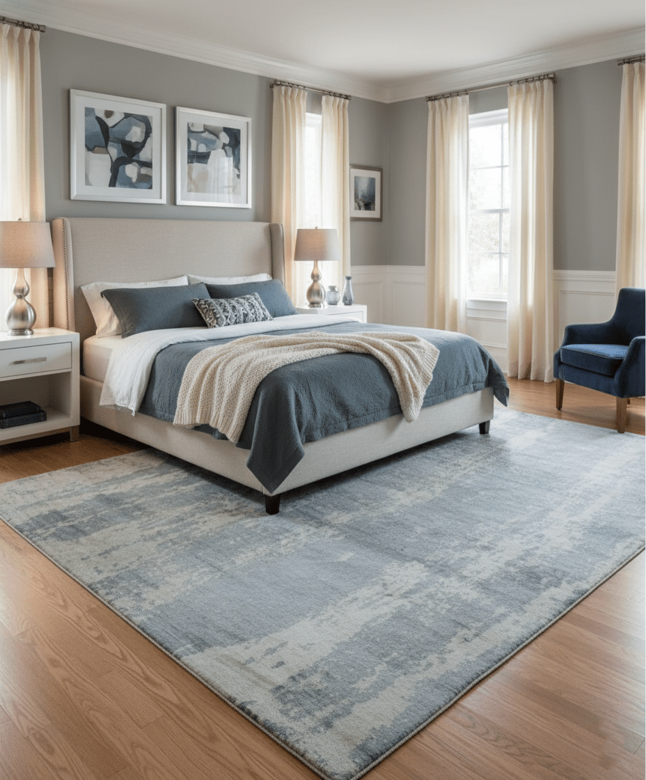 Modern Abstract Blue And Ivory Hand Knotted Wool Area Rug