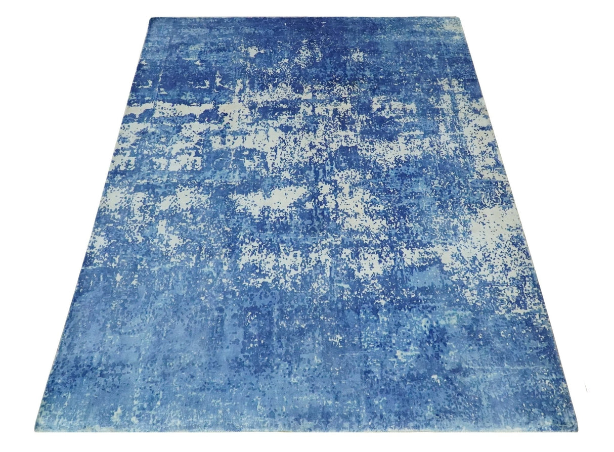 Modern Abstract Blue and Ivory Hand loom 5.6x8 Wool and Viscose Area Rug