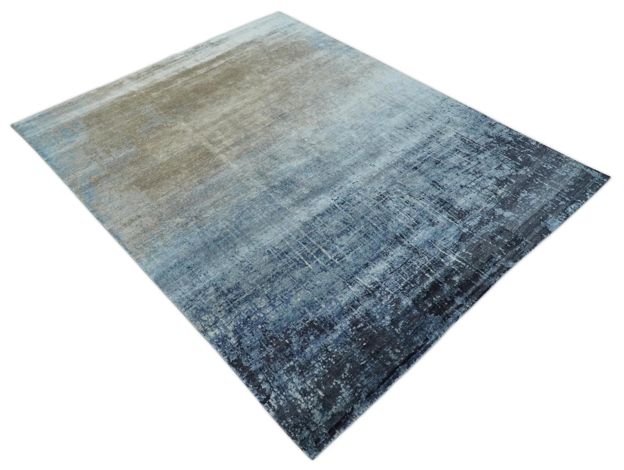 Modern abstract Blue, Aqua and Brown Hand Knotted 8x10 wool and Art silk Area Rug