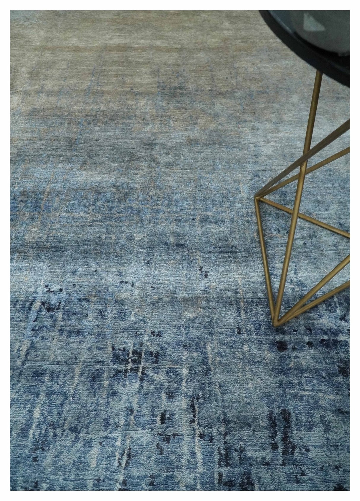 Modern abstract Blue, Aqua and Brown Hand Knotted 8x10 wool and Art silk Area Rug-Area Rug-Parc Decor