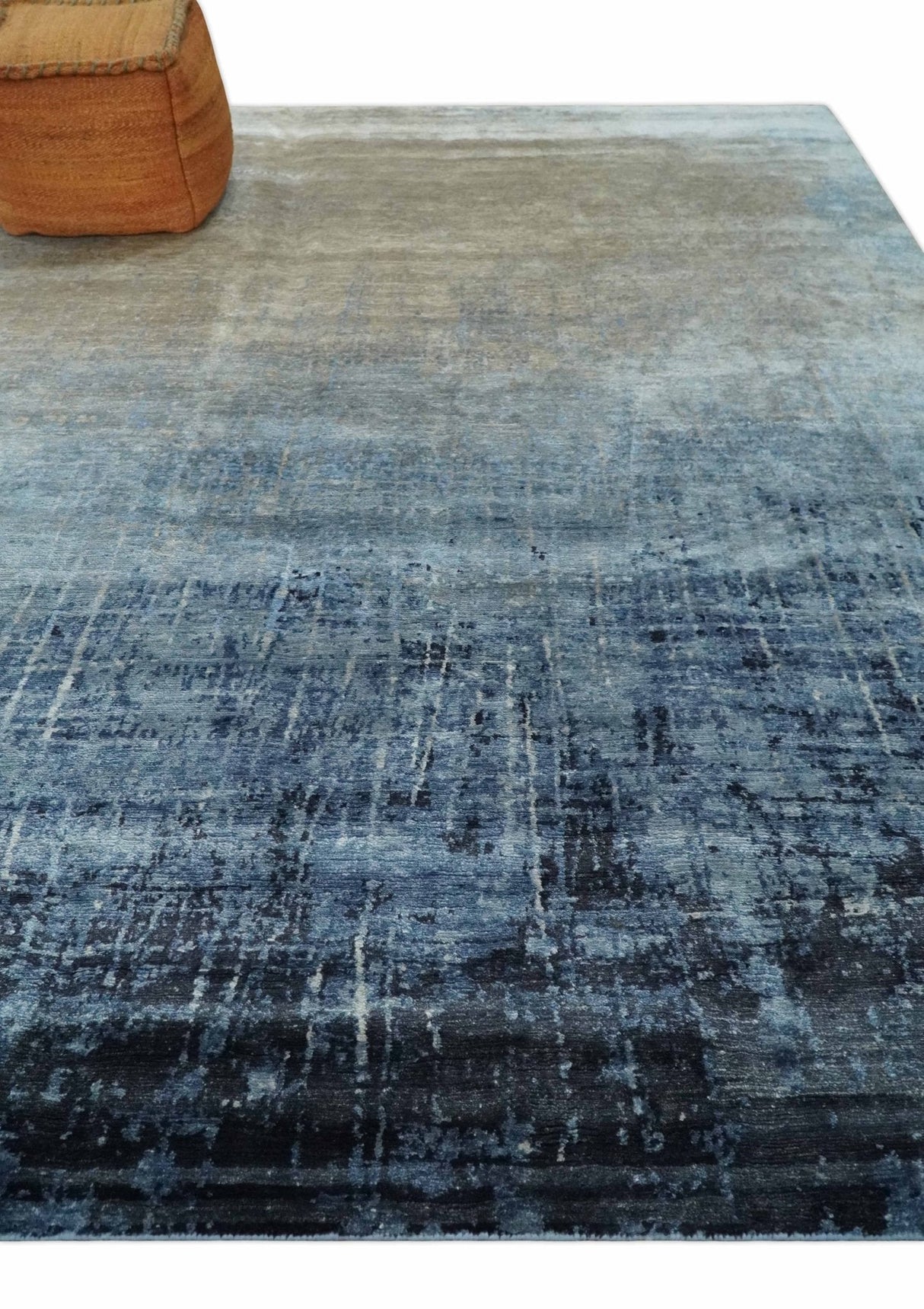 Modern abstract Blue, Aqua and Brown Hand Knotted 8x10 wool and Art silk Area Rug-Area Rug-Parc Decor