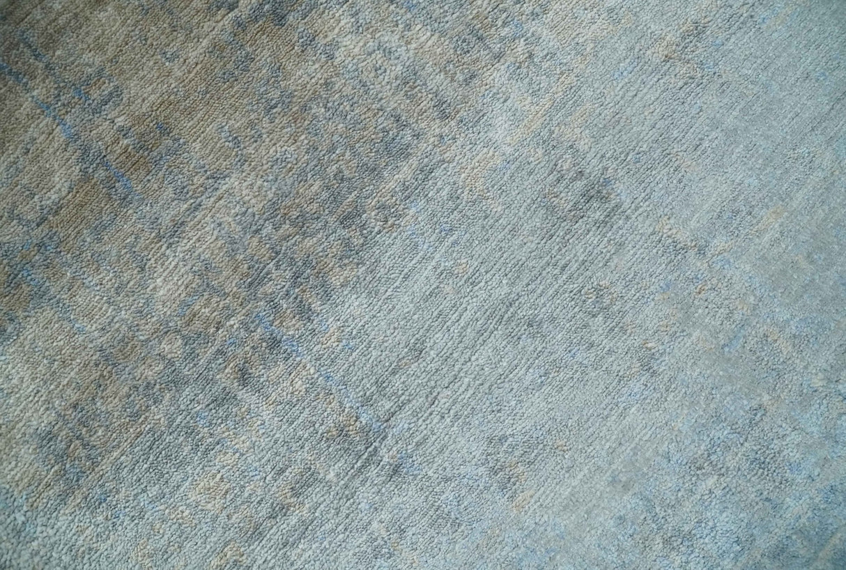 Modern abstract Blue, Aqua and Brown Hand Knotted 8x10 wool and Art silk Area Rug-Area Rug-Parc Decor