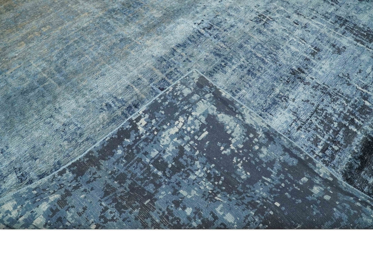 Modern abstract Blue, Aqua and Brown Hand Knotted 8x10 wool and Art silk Area Rug-Area Rug-Parc Decor