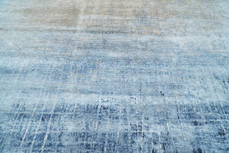 Modern Abstract Blue Hand Knotted bamboo Silk 8x10 Area Rug