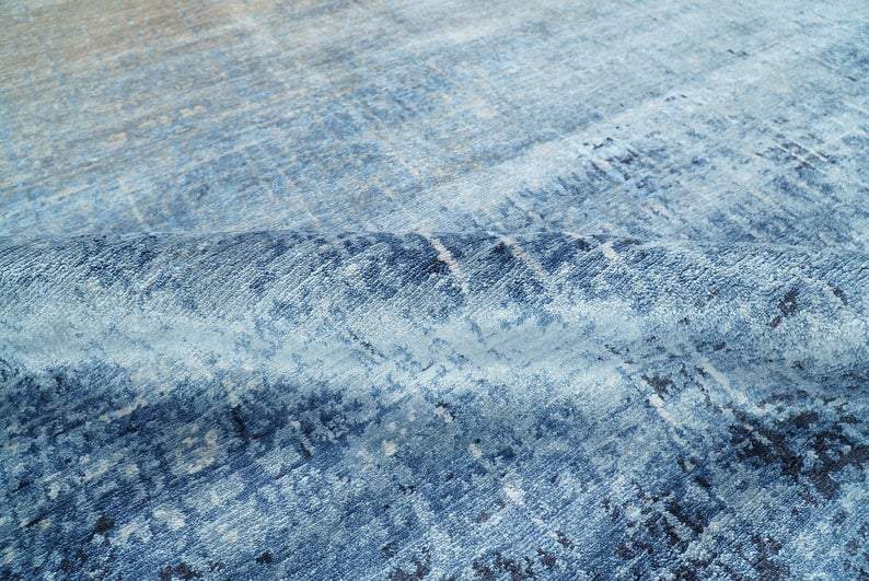 Modern Abstract Blue Hand Knotted bamboo Silk 8x10 Area Rug