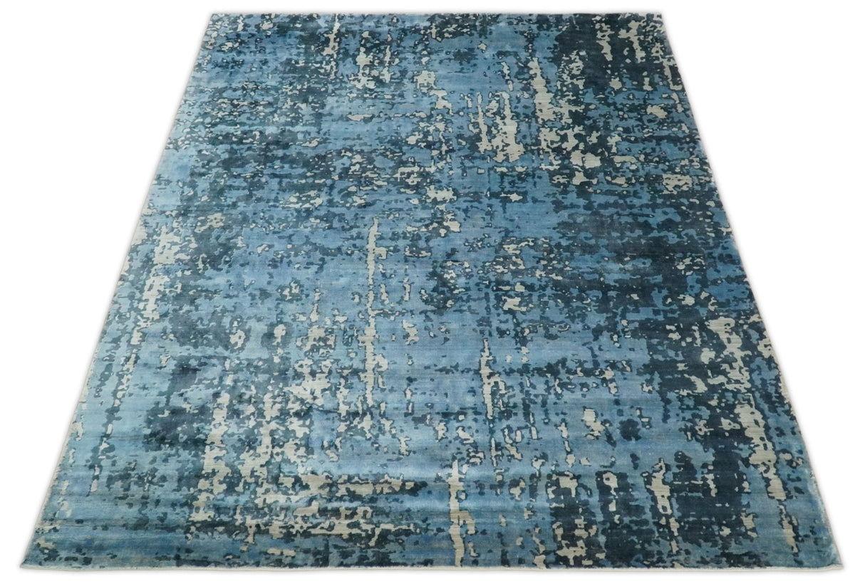 Modern Abstract Blue Hand Loom Blue and Ivory Bamboo Silk 8x10 Area Rug