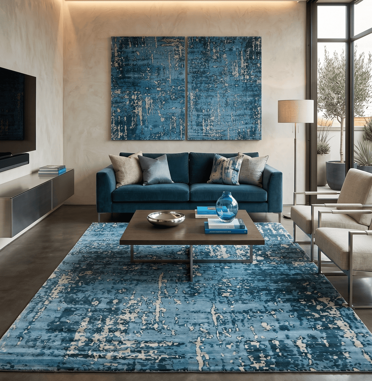 Modern Abstract Blue Hand Loom Blue and Ivory Bamboo Silk 8x10 Area Rug