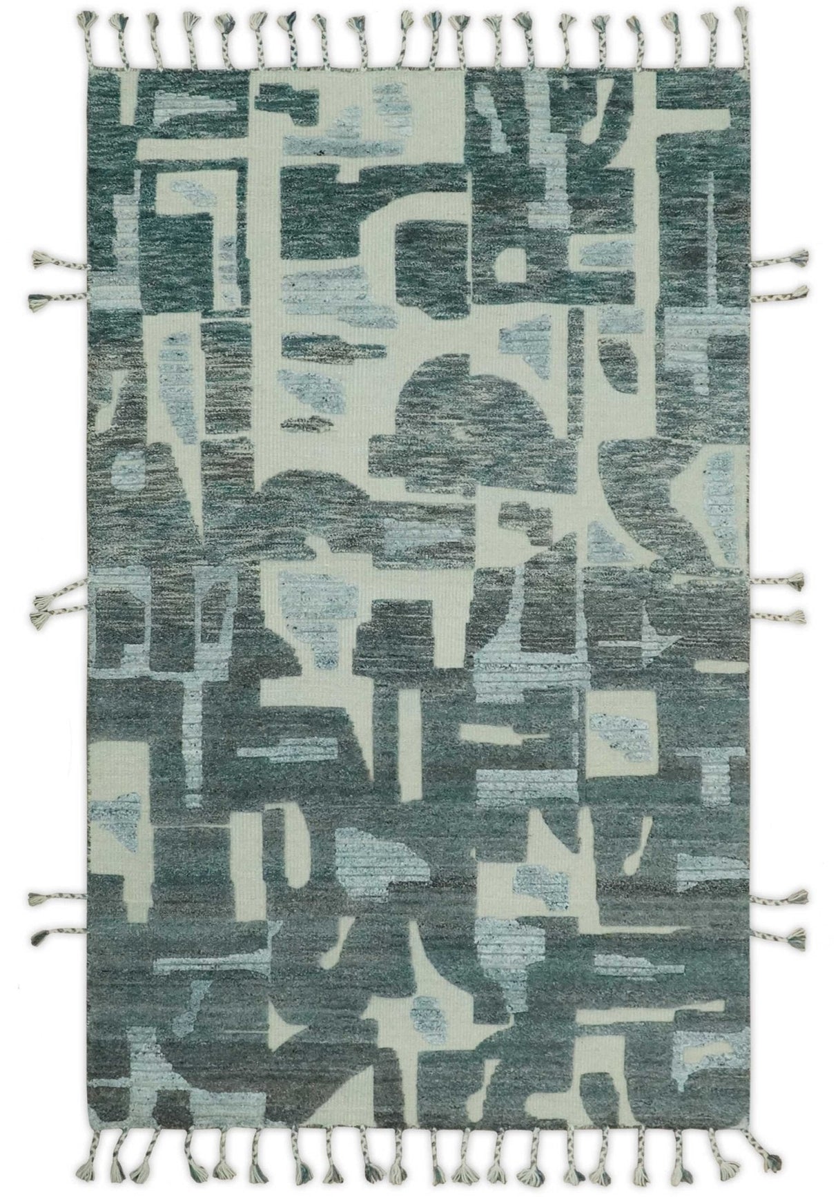 Modern abstract Carved Texture Green, Ivory and Silver 5x8 Hand Knotted Wool Area Rug