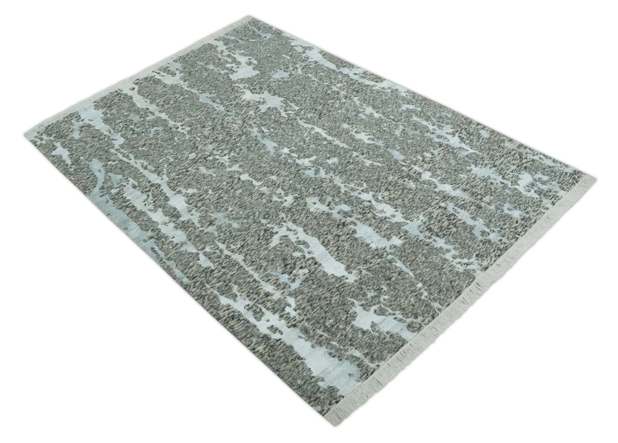 Modern Abstract Charcoal, Beige and Silver Hand Knotted 5.6x8 wool and Bamboo Silk area Rug
