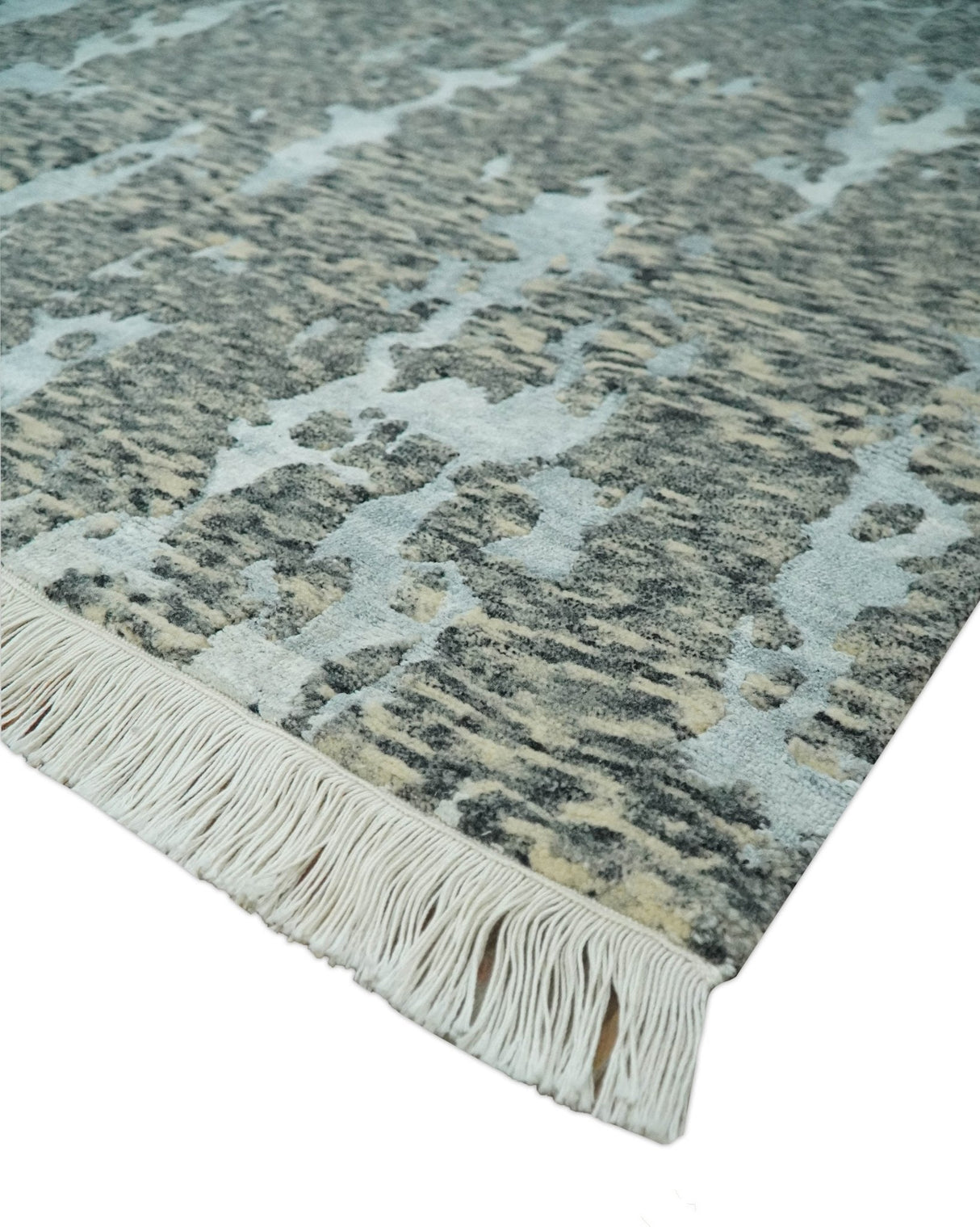 Modern Abstract Charcoal, Beige and Silver Hand Knotted 5.6x8 wool and Bamboo Silk area Rug