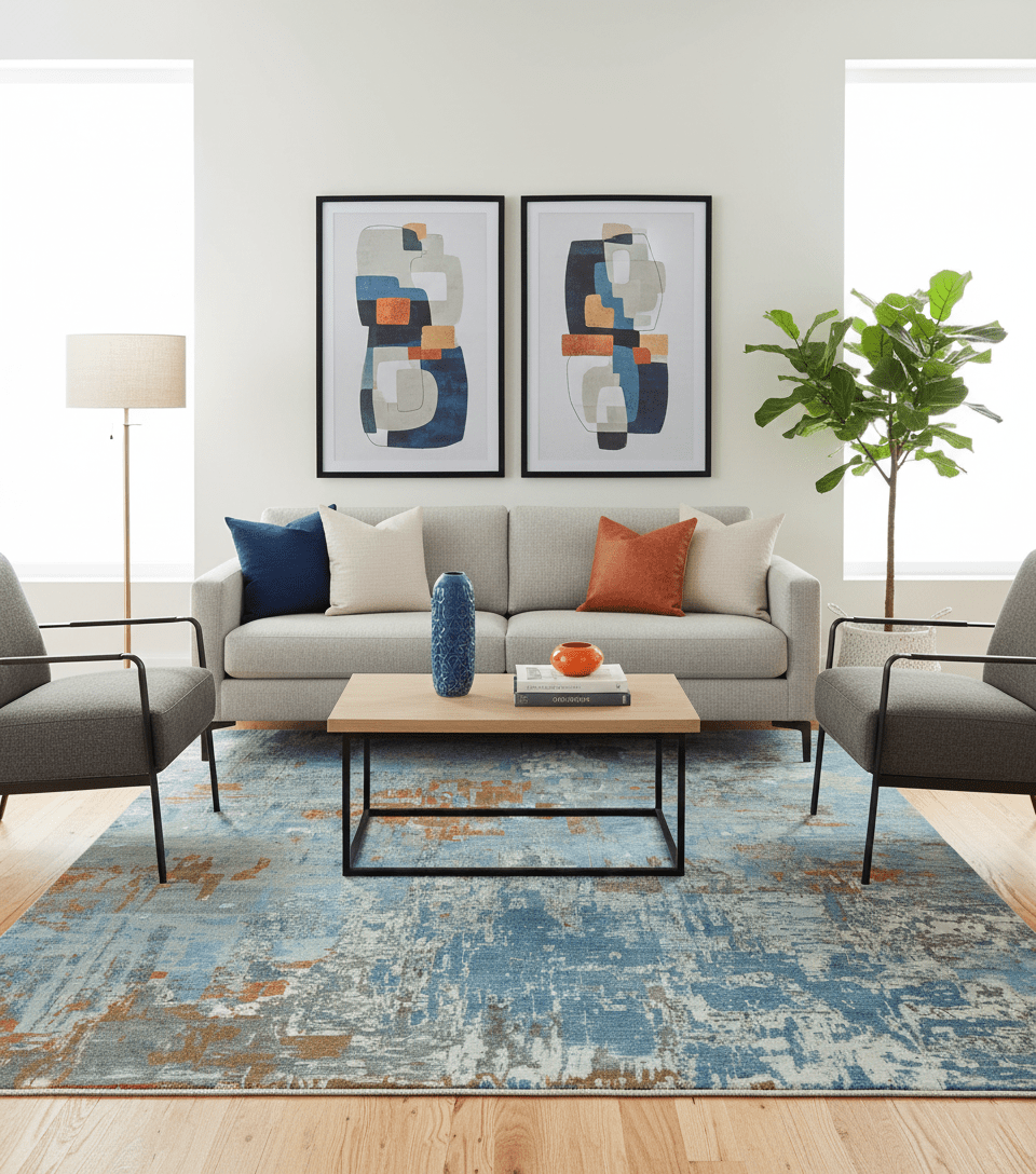 Modern Abstract Design Beige And Blue 8x10 Hand Knotted Wool, Art Silk Rug