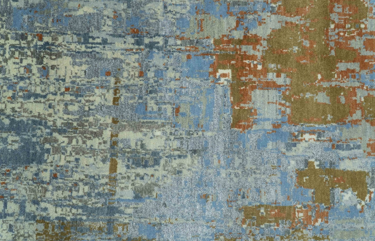 Modern Abstract Design Beige And Blue 8x10 Hand Knotted Wool, Art Silk Rug