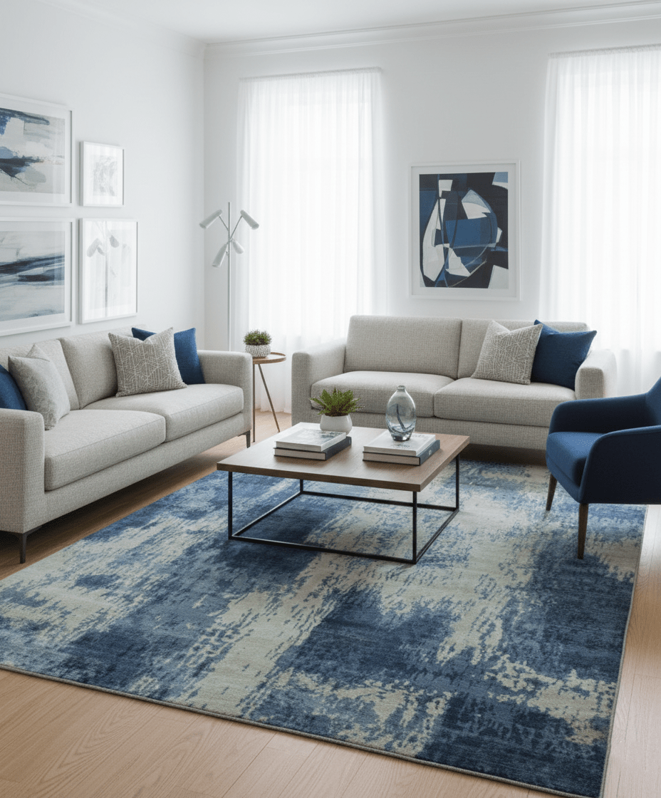 Modern Abstract Design Beige And Blue 9x12 Hand Knotted Bamboo Silk Area Rug