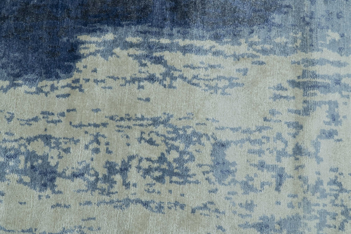 Modern Abstract Design Beige And Blue 9x12 Hand Knotted Bamboo Silk Area Rug