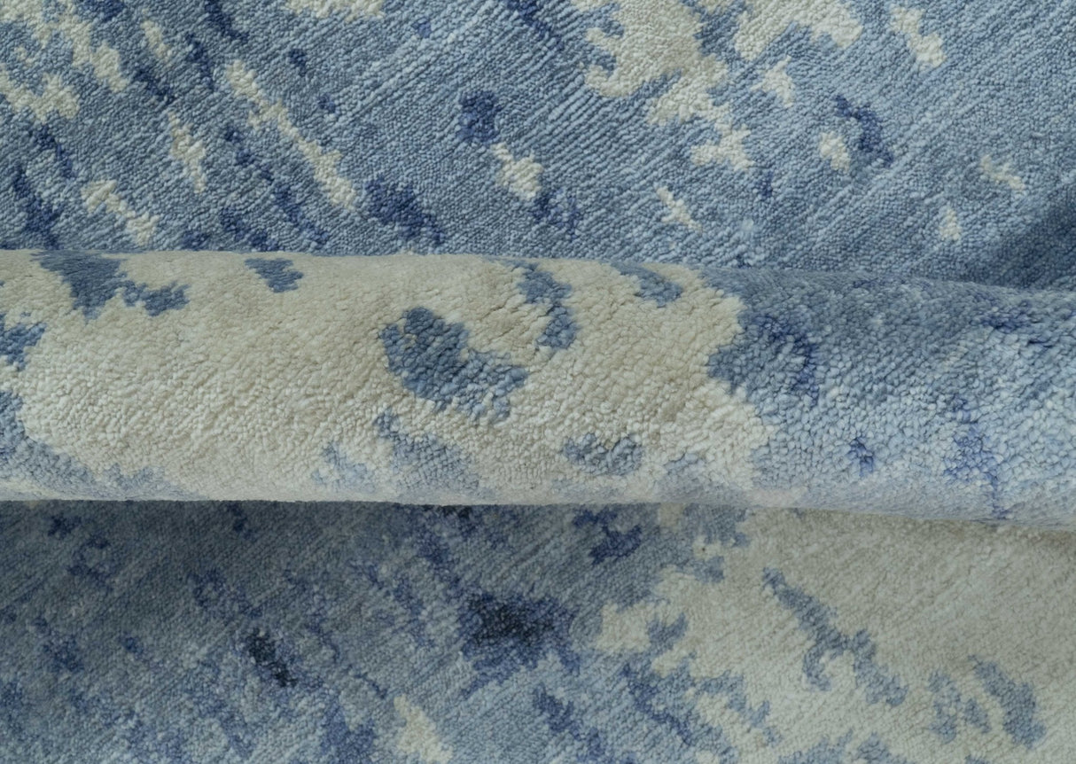 Modern Abstract Design Beige And Blue 9x12 Hand Knotted Bamboo Silk Area Rug