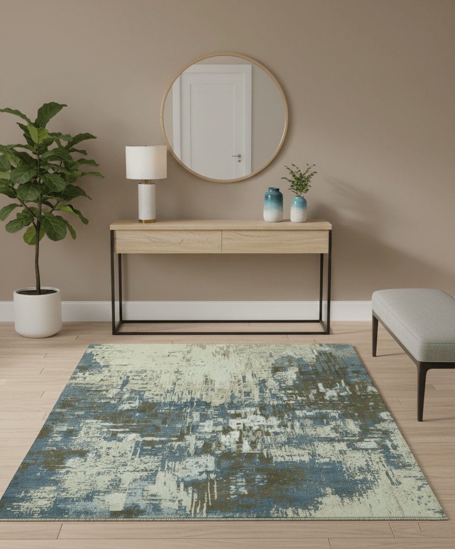Modern Abstract Design Beige And Blue 9x12 Hand Knotted Wool Area Rug
