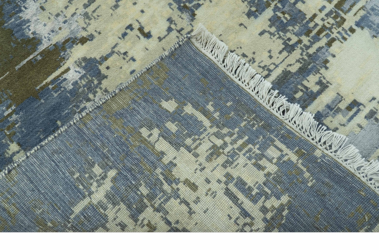 Modern Abstract Design Beige And Blue 9x12 Hand Knotted Wool Area Rug