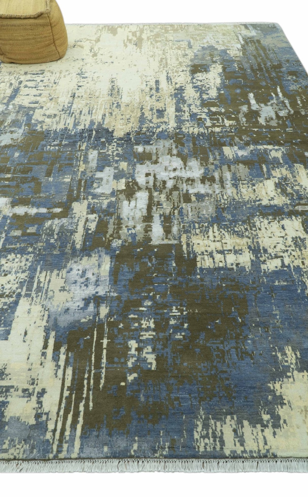 Modern Abstract Design Beige And Blue 9x12 Hand Knotted Wool Area Rug
