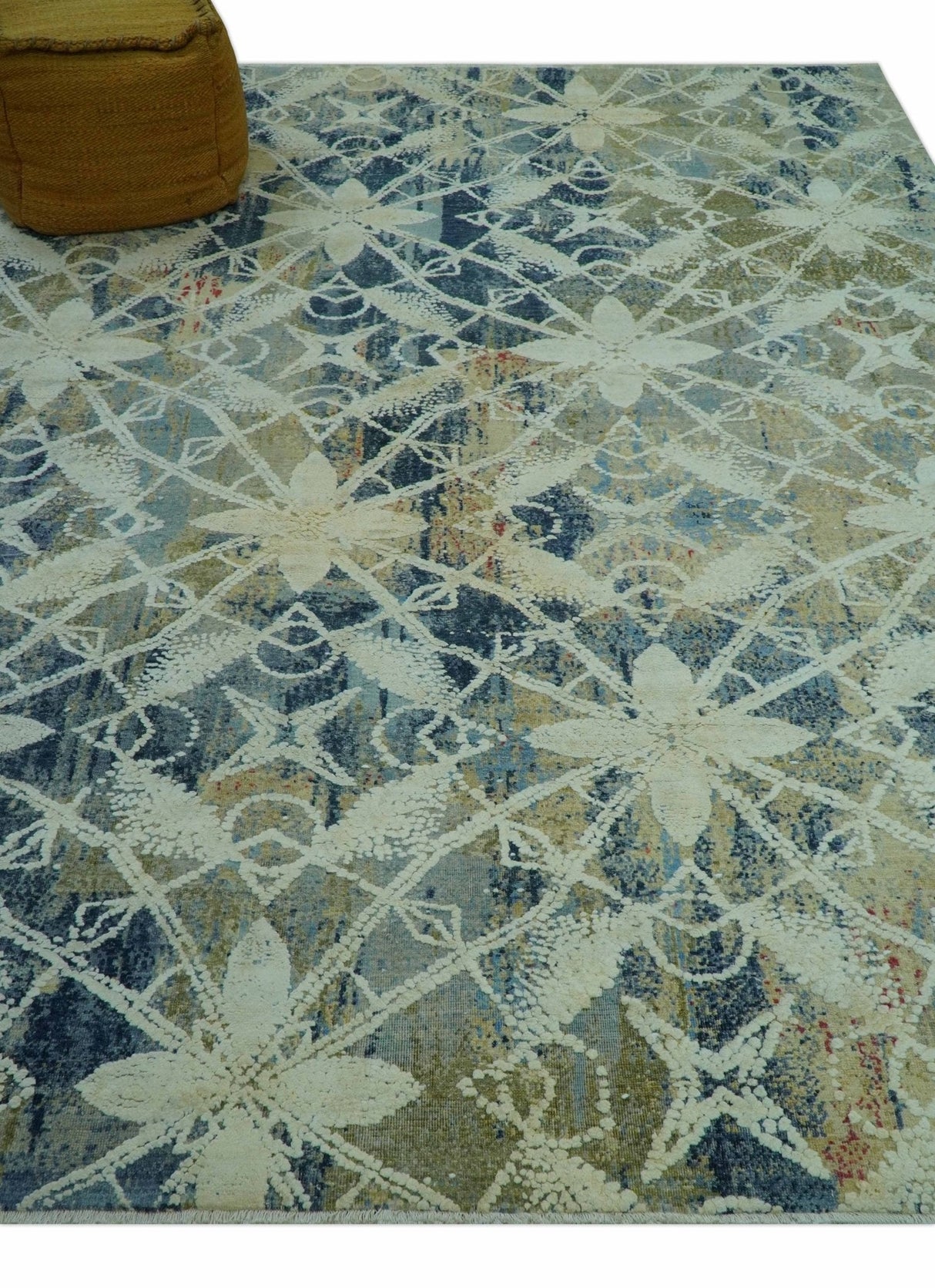 Modern Abstract Design Blue And Beige Hand Knotted 8x10 Wool And Real Silk Area Rug