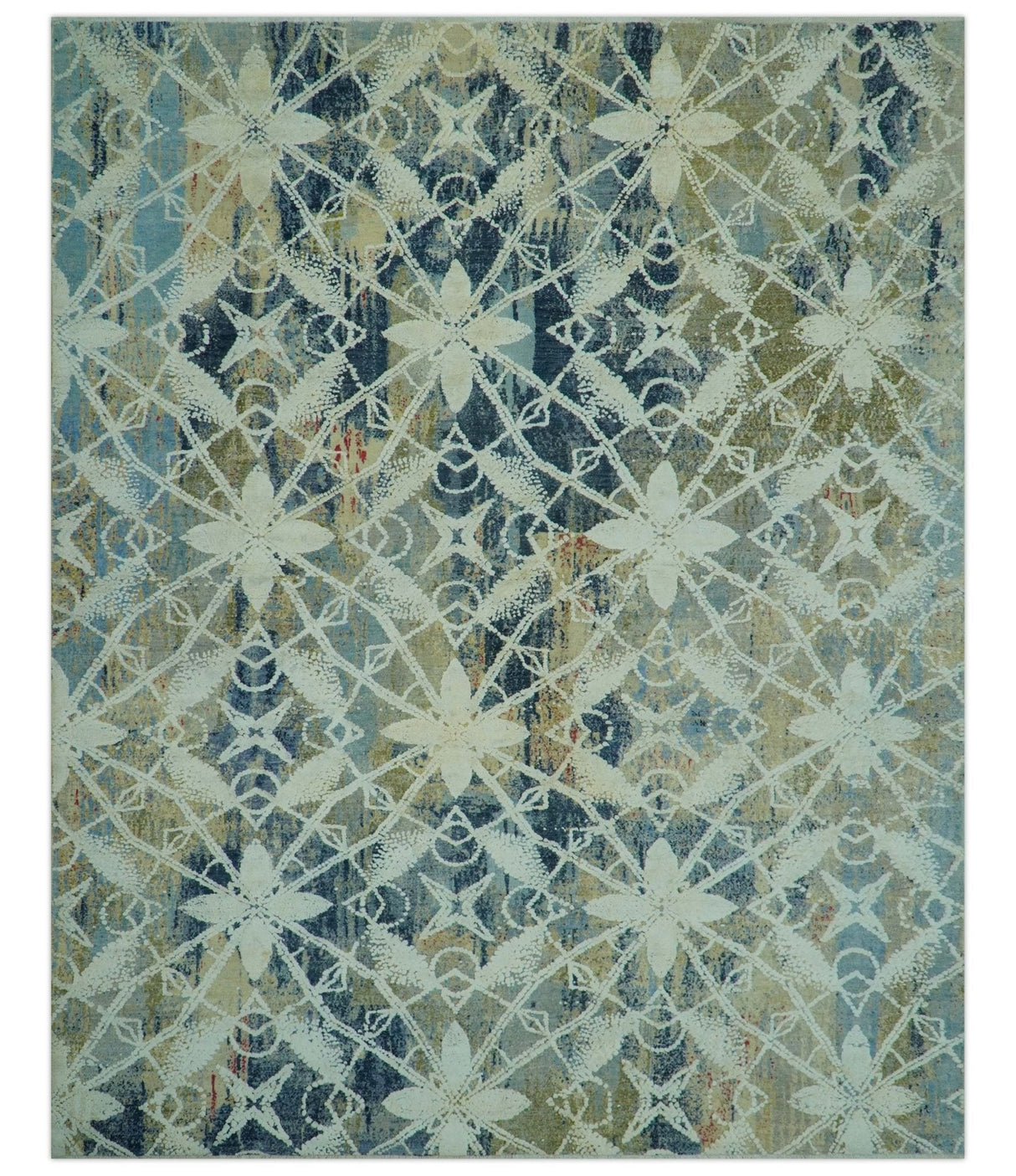 Modern Abstract Design Blue And Beige Hand Knotted 8x10 Wool And Real Silk Area Rug