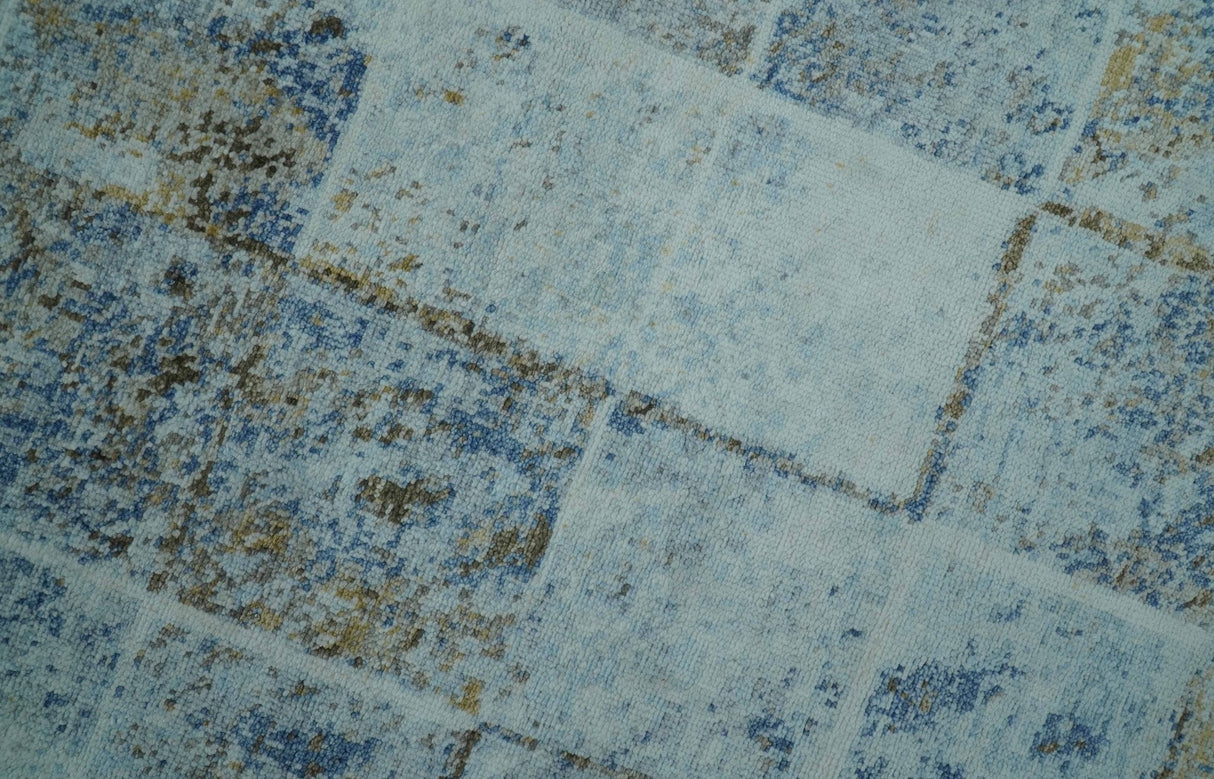 Modern Abstract Design Blue And Brown 8x10 Hand Knotted Wool Area Rug