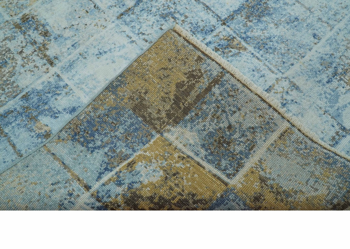 Modern Abstract Design Blue And Brown 8x10 Hand Knotted Wool Area Rug