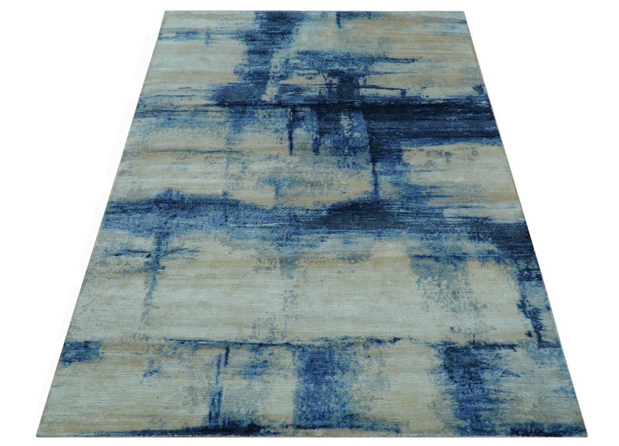 Modern Abstract Design Blue And Ivory Hand Knotted 6x9 Bamboo Silk Area Rug