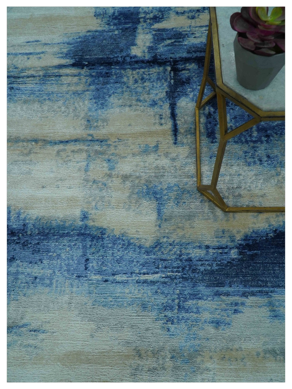 Modern Abstract Design Blue And Ivory Hand Knotted 6x9 Bamboo Silk Area Rug