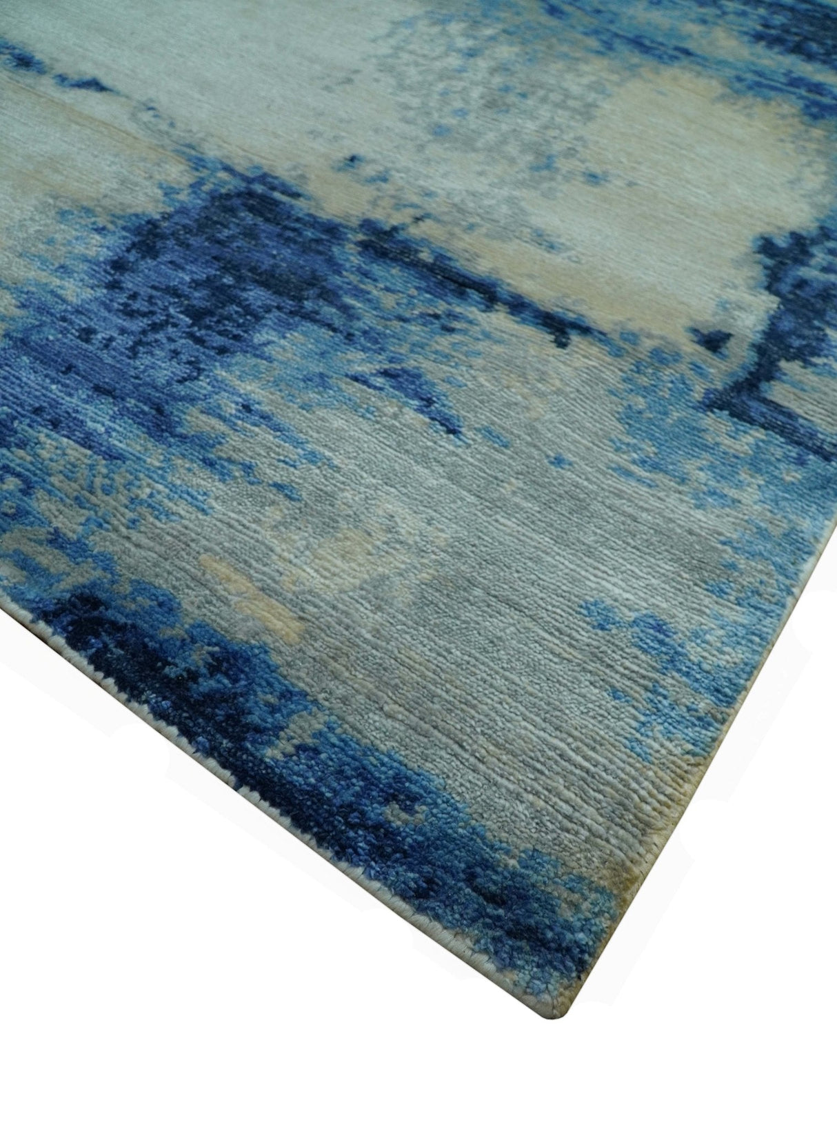 Modern Abstract Design Blue And Ivory Hand Knotted 6x9 Bamboo Silk Area Rug