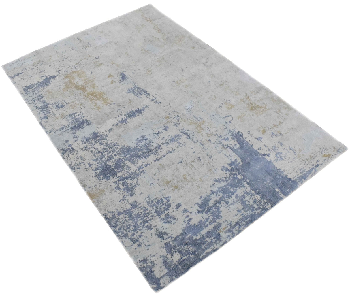 Modern Abstract Design Blue and Ivory Hand Loomed Art Silk Area Rug-Area Rug-Parc Decor