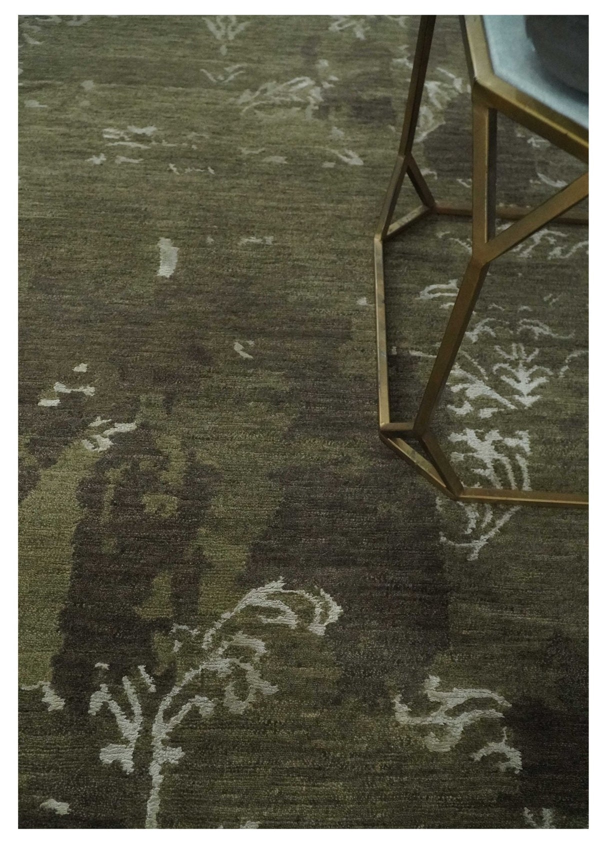 Modern Abstract Green and Silver Hand loom wool and Art Silk Area Rug-Area Rug-Parc Decor