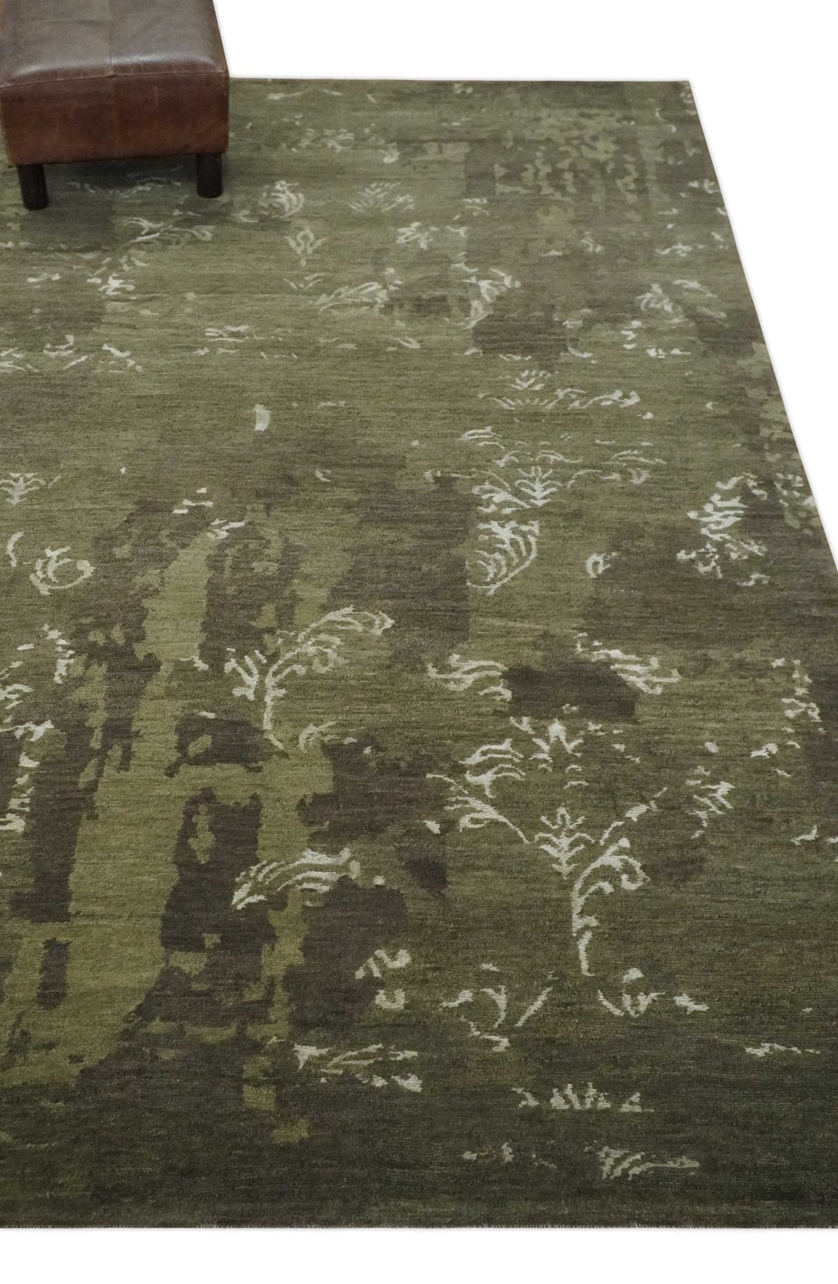 Modern Abstract Green and Silver Hand loom wool and Art Silk Area Rug-Area Rug-Parc Decor