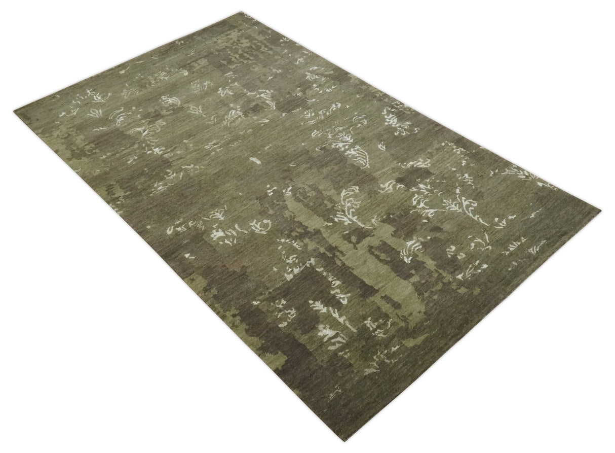 Modern Abstract Green and Silver Hand loom wool and Art Silk Area Rug-Area Rug-Parc Decor